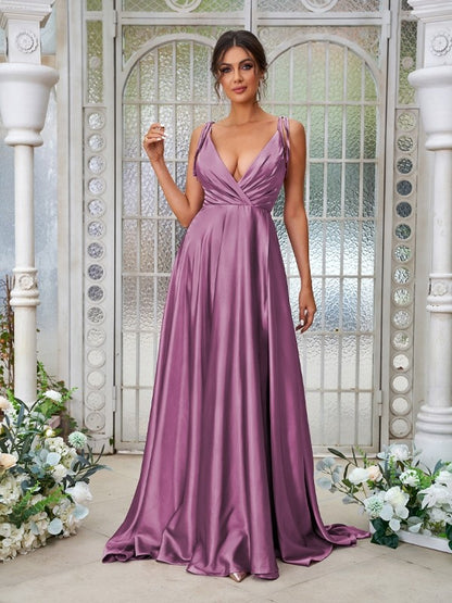 A-Line/Princess Silk like Satin Ruffles V-neck Sleeveless Sweep/Brush Train Bridesmaid Dresses