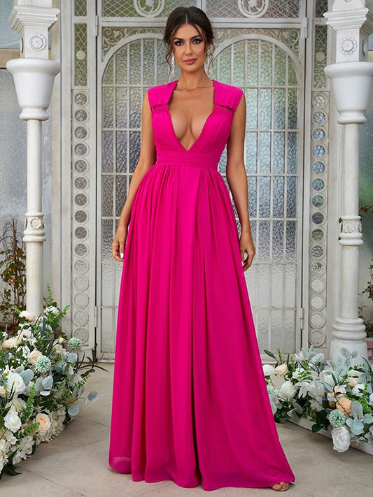 A-Line/Princess Chiffon Ruffles V-neck Sleeveless Floor-Length Bridesmaid Dresses