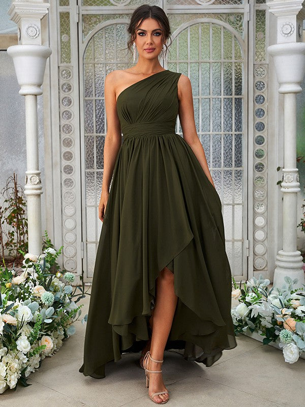 A-Line/Princess Chiffon Ruffles One-Shoulder Sleeveless Asymmetrical Bridesmaid Dresses