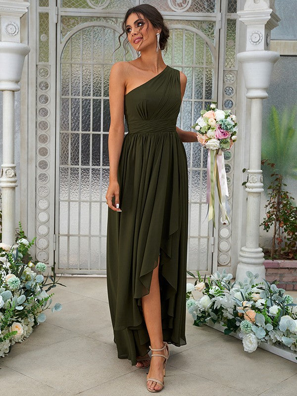 A-Line/Princess Chiffon Ruffles One-Shoulder Sleeveless Asymmetrical Bridesmaid Dresses