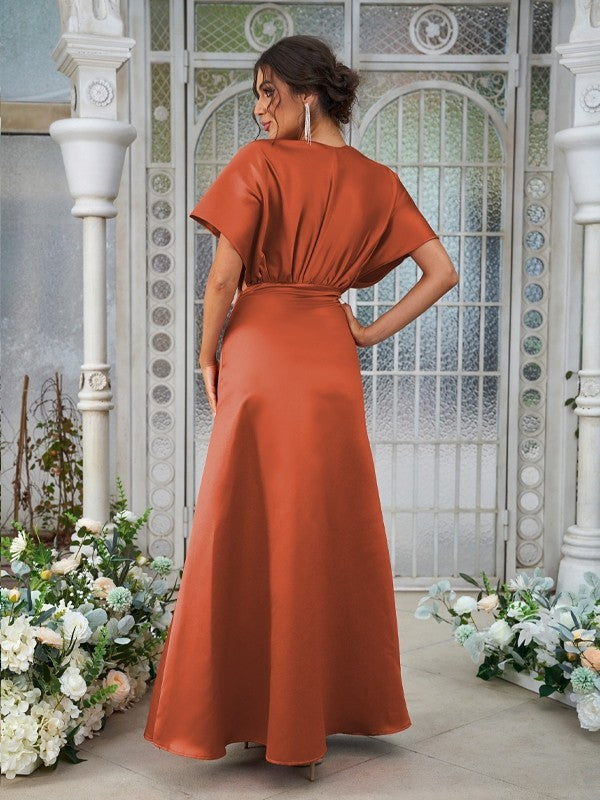 A-Line/Princess Satin Ruched V-neck Short Sleeves Floor-Length Bridesmaid Dresses