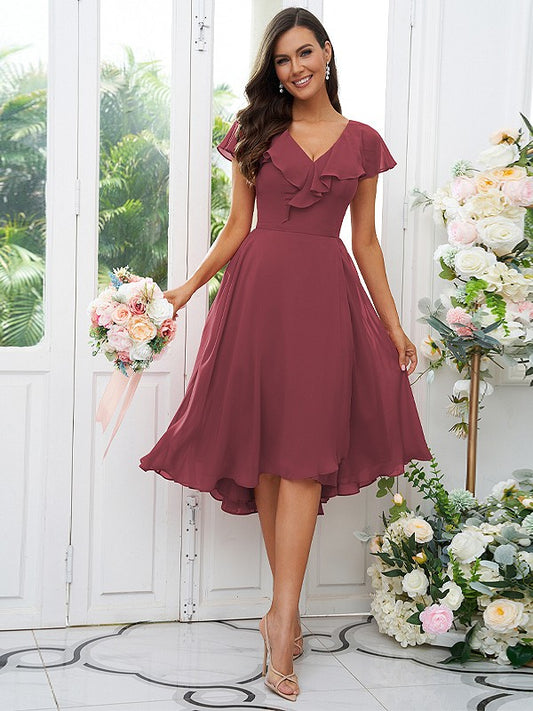 A-Line/Princess Chiffon Ruffles V-neck Short Sleeves Asymmetrical Bridesmaid Dresses