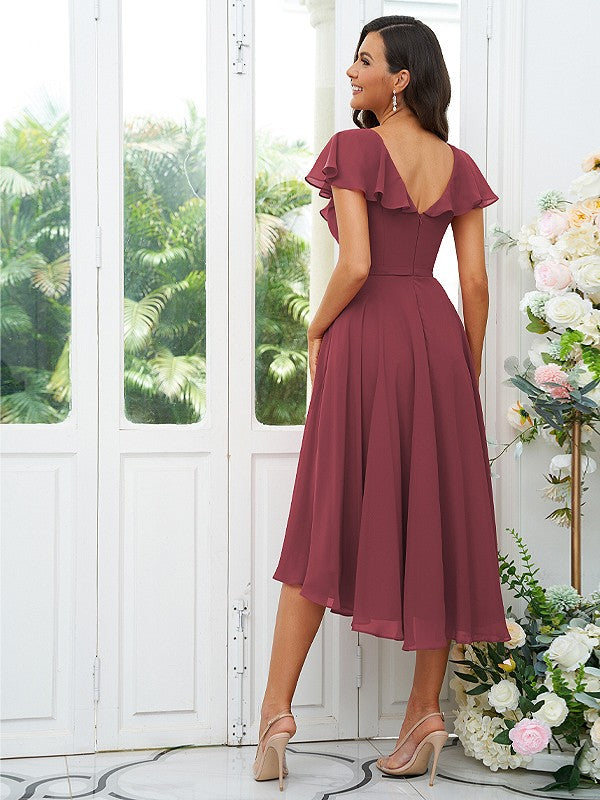 A-Line/Princess Chiffon Ruffles V-neck Short Sleeves Asymmetrical Bridesmaid Dresses