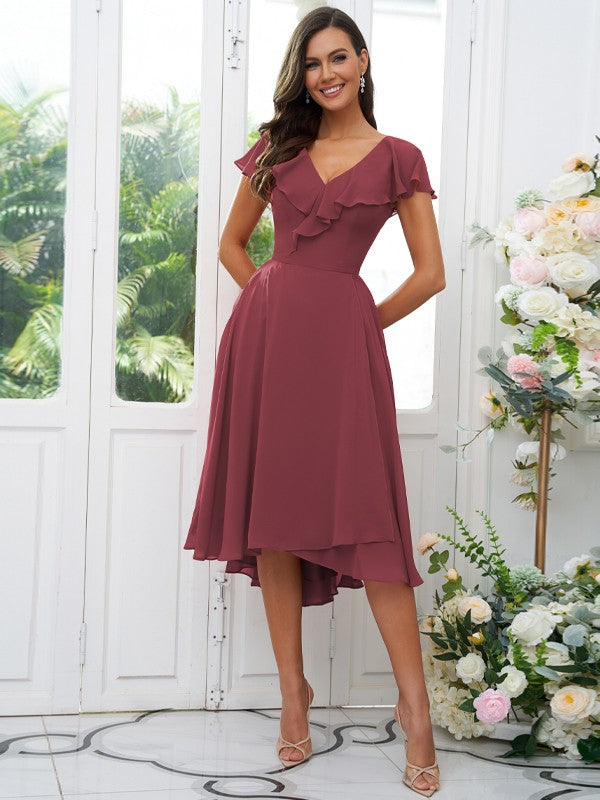 A-Line/Princess Chiffon Ruffles V-neck Short Sleeves Asymmetrical Bridesmaid Dresses