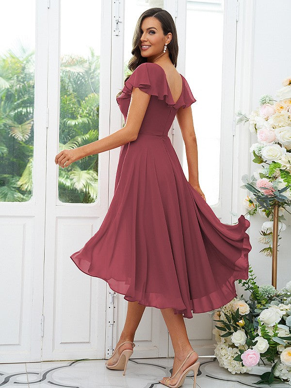 A-Line/Princess Chiffon Ruffles V-neck Short Sleeves Asymmetrical Bridesmaid Dresses