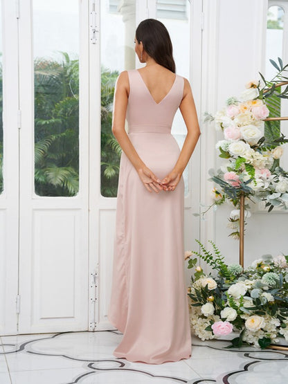 A-Line/Princess Charmeuse Ruched V-neck Sleeveless Sweep/Brush Train Bridesmaid Dresses