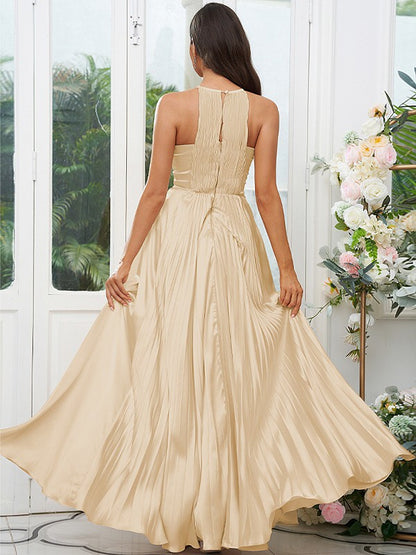 A-Line/Princess Silk like Satin Ruffles Halter Sleeveless Floor-Length Bridesmaid Dresses