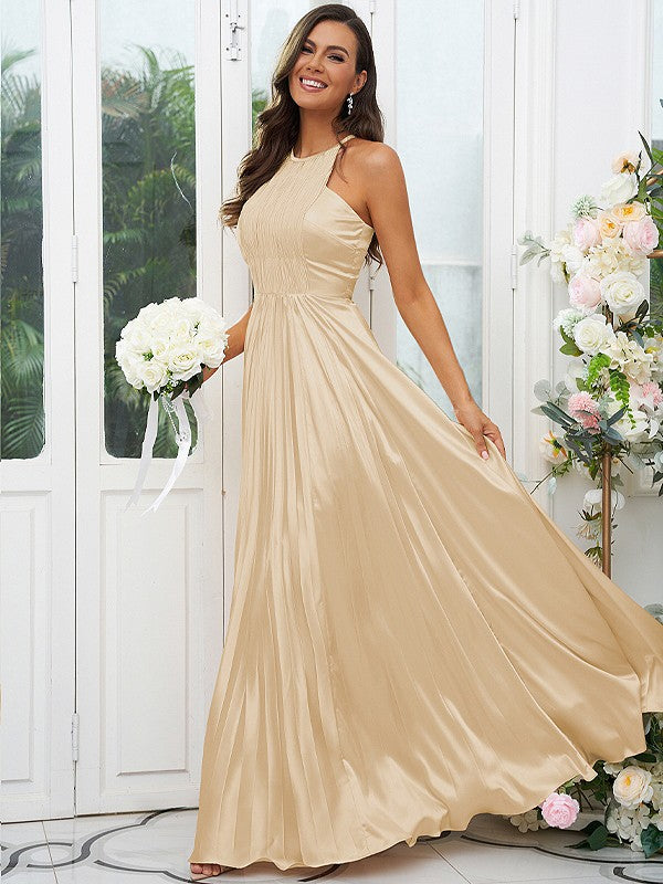 A-Line/Princess Silk like Satin Ruffles Halter Sleeveless Floor-Length Bridesmaid Dresses