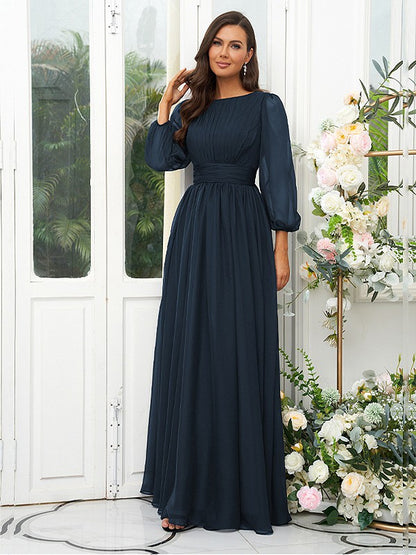 A-Line/Princess 30D Chiffon Ruffles Scoop Long Sleeves Floor-Length Bridesmaid Dresses