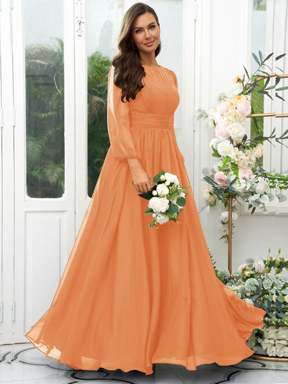 A-Line/Princess 30D Chiffon Ruffles Scoop Long Sleeves Floor-Length Bridesmaid Dresses