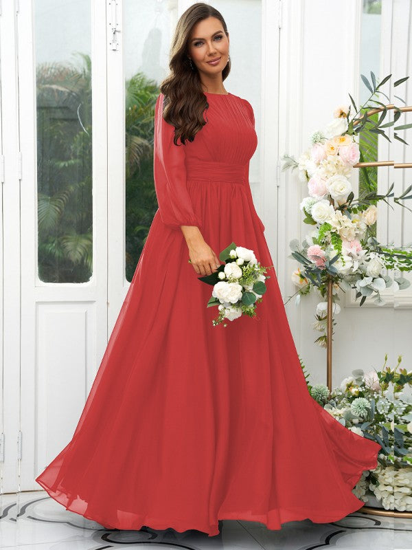 A-Line/Princess 30D Chiffon Ruffles Scoop Long Sleeves Floor-Length Bridesmaid Dresses