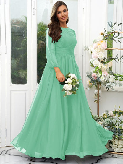 A-Line/Princess 30D Chiffon Ruffles Scoop Long Sleeves Floor-Length Bridesmaid Dresses