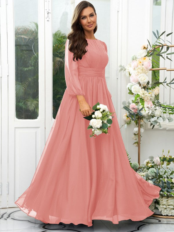 A-Line/Princess 30D Chiffon Ruffles Scoop Long Sleeves Floor-Length Bridesmaid Dresses