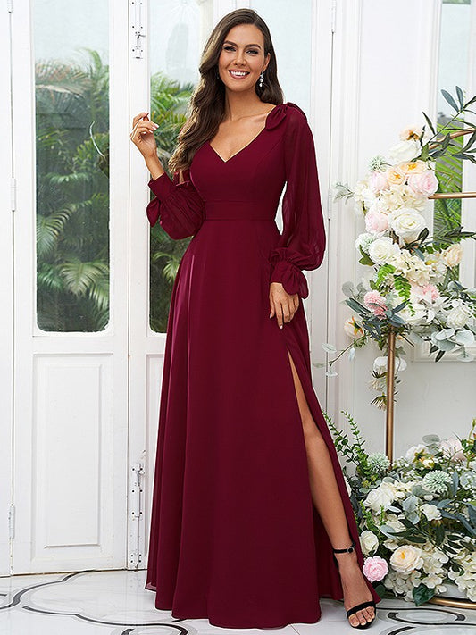 A-Line/Princess Chiffon Bowknot V-neck Long Sleeves Floor-Length Bridesmaid Dresses