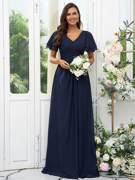 A-Line/Princess Chiffon Ruffles V-neck Short Sleeves Floor-Length Bridesmaid Dresses