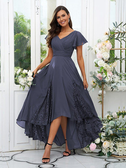 A-Line/Princess Chiffon Lace V-neck Short Sleeves Asymmetrical Bridesmaid Dresses