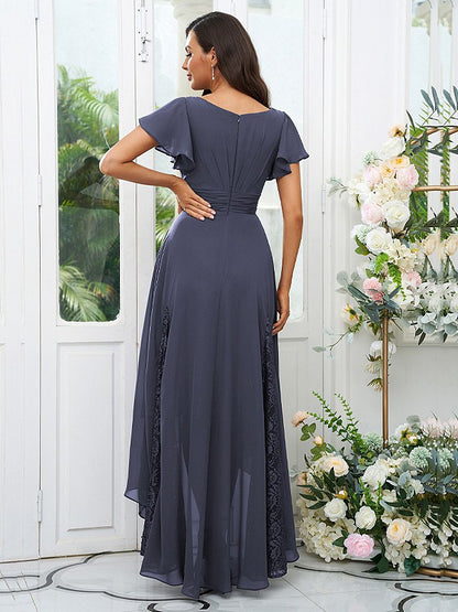 A-Line/Princess Chiffon Lace V-neck Short Sleeves Asymmetrical Bridesmaid Dresses