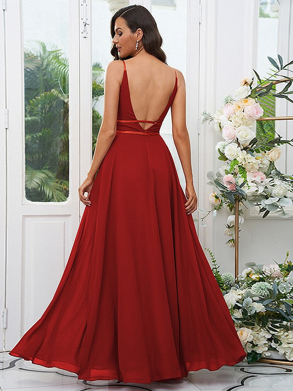 A-Line/Princess Chiffon Ruffles V-neck Sleeveless Floor-Length Bridesmaid Dresses