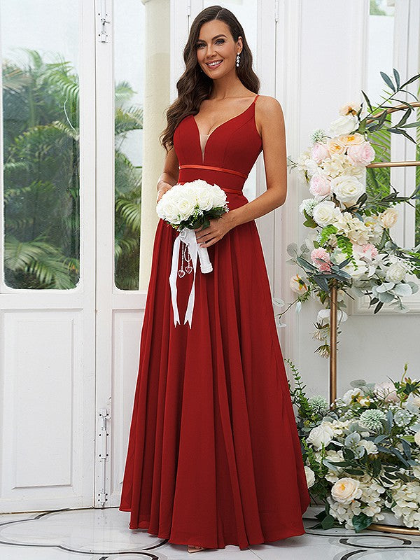 A-Line/Princess Chiffon Ruffles V-neck Sleeveless Floor-Length Bridesmaid Dresses