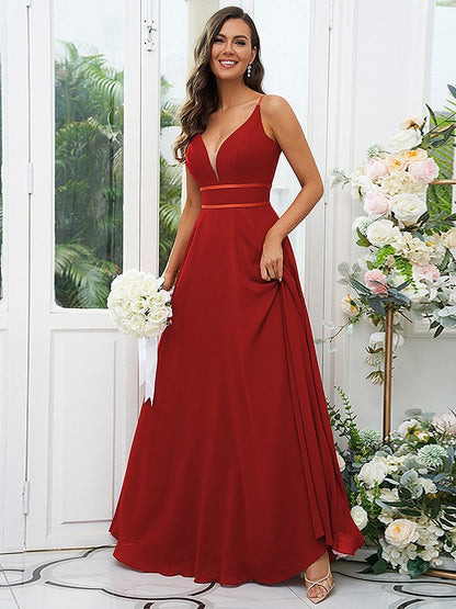 A-Line/Princess Chiffon Ruffles V-neck Sleeveless Floor-Length Bridesmaid Dresses