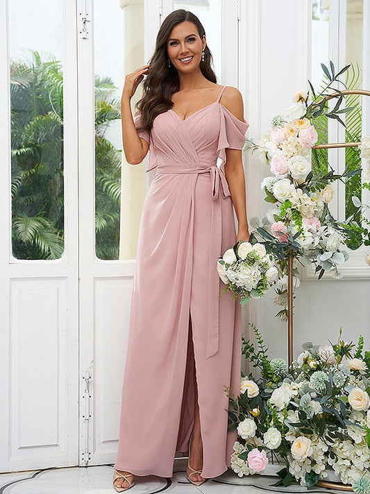 A-Line/Princess Chiffon Ruched V-neck Short Sleeves Floor-Length Bridesmaid Dresses