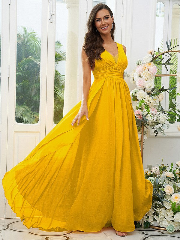 A-Line/Princess Chiffon Ruffles V-neck Sleeveless Floor-Length Bridesmaid Dresses