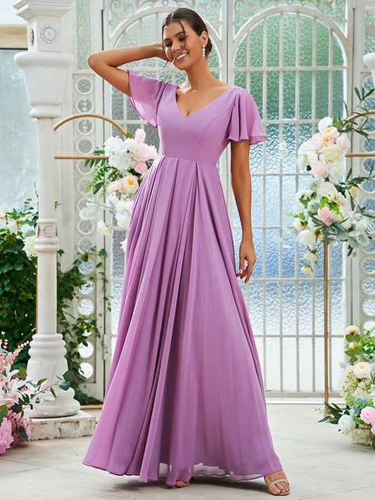 A-Line/Princess Chiffon Ruffles V-neck Short Sleeves Floor-Length Bridesmaid Dresses