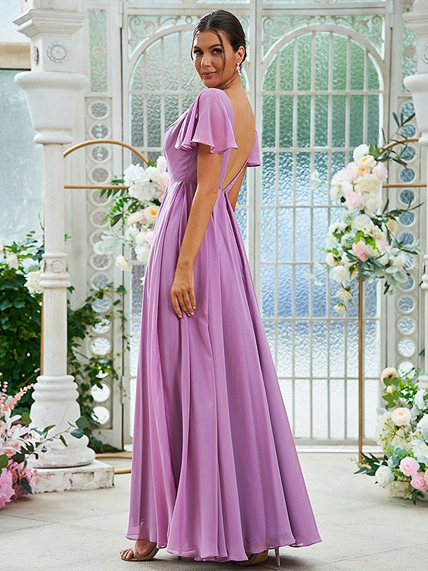 A-Line/Princess Chiffon Ruffles V-neck Short Sleeves Floor-Length Bridesmaid Dresses