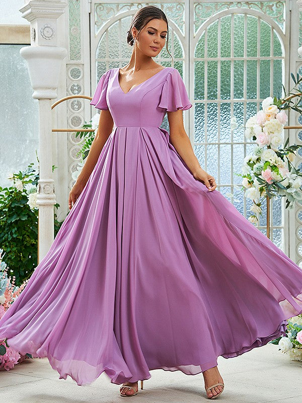 A-Line/Princess Chiffon Ruffles V-neck Short Sleeves Floor-Length Bridesmaid Dresses