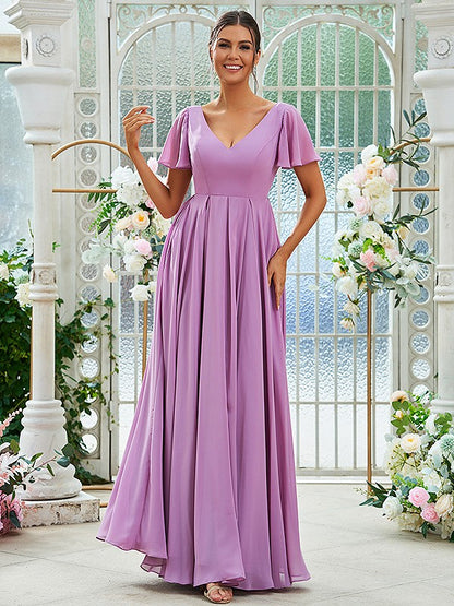 A-Line/Princess Chiffon Ruffles V-neck Short Sleeves Floor-Length Bridesmaid Dresses