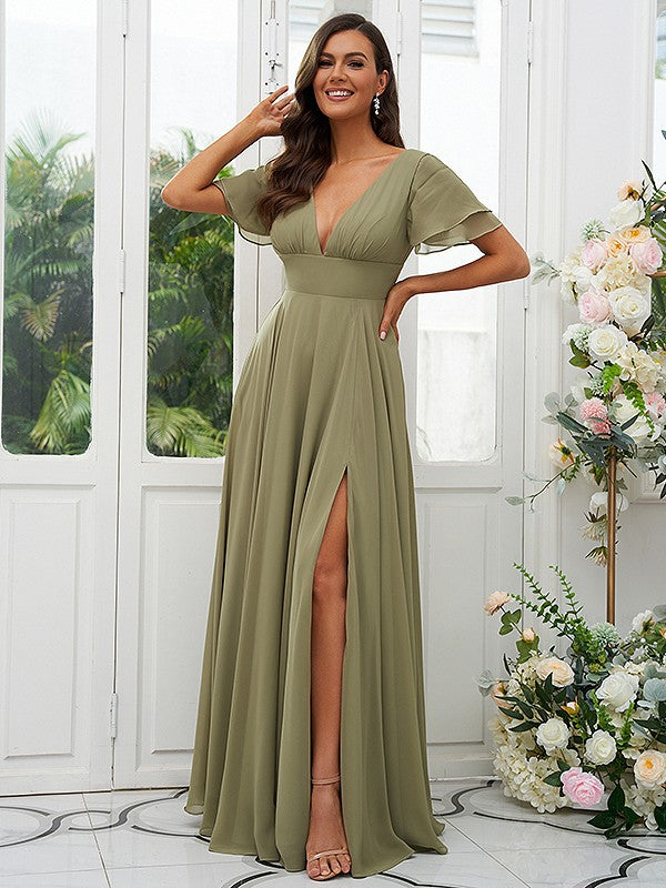 A-Line/Princess Chiffon Ruffles V-neck Short Sleeves Floor-Length Bridesmaid Dresses