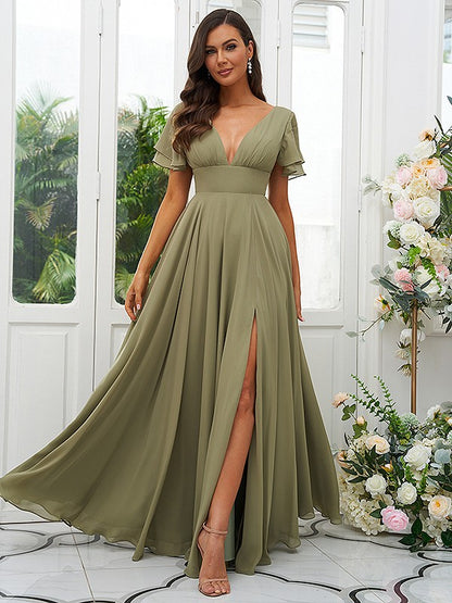 A-Line/Princess Chiffon Ruffles V-neck Short Sleeves Floor-Length Bridesmaid Dresses