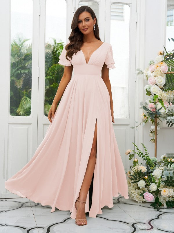 A-Line/Princess Chiffon Ruffles V-neck Short Sleeves Floor-Length Bridesmaid Dresses