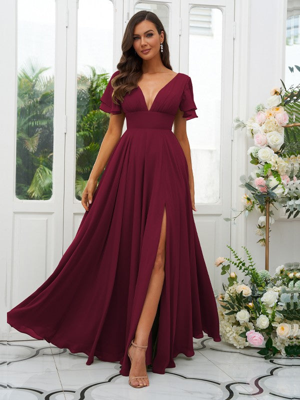 A-Line/Princess Chiffon Ruffles V-neck Short Sleeves Floor-Length Bridesmaid Dresses