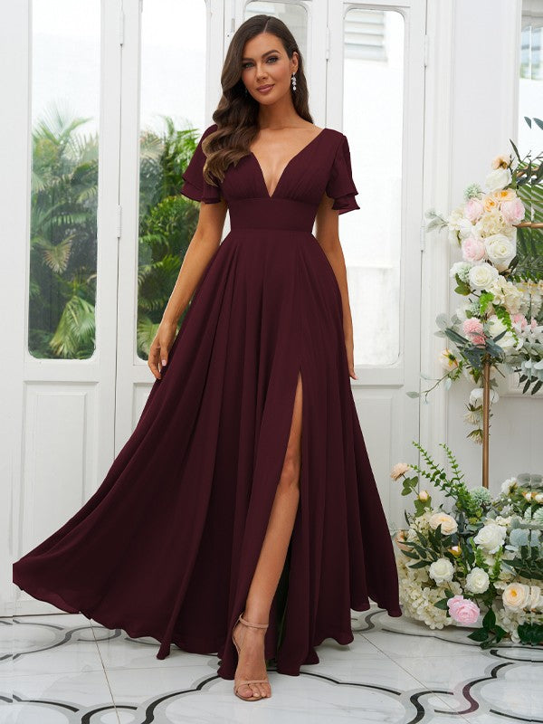 A-Line/Princess Chiffon Ruffles V-neck Short Sleeves Floor-Length Bridesmaid Dresses