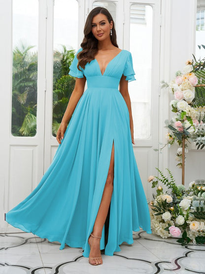 A-Line/Princess Chiffon Ruffles V-neck Short Sleeves Floor-Length Bridesmaid Dresses