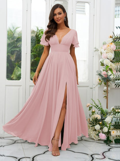 A-Line/Princess Chiffon Ruffles V-neck Short Sleeves Floor-Length Bridesmaid Dresses