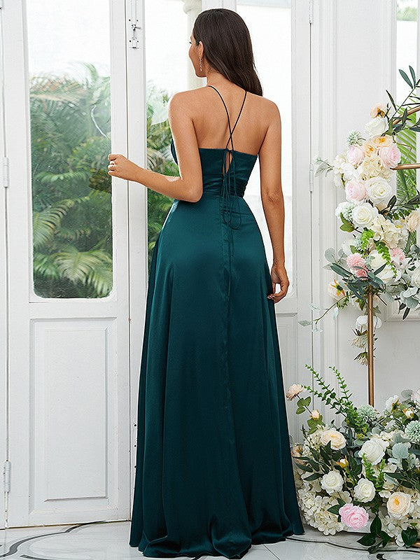 A-Line/Princess Elastic Woven Satin Ruched V-neck Sleeveless Floor-Length Bridesmaid Dresses