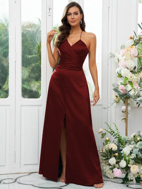 A-Line/Princess Elastic Woven Satin Ruched V-neck Sleeveless Floor-Length Bridesmaid Dresses