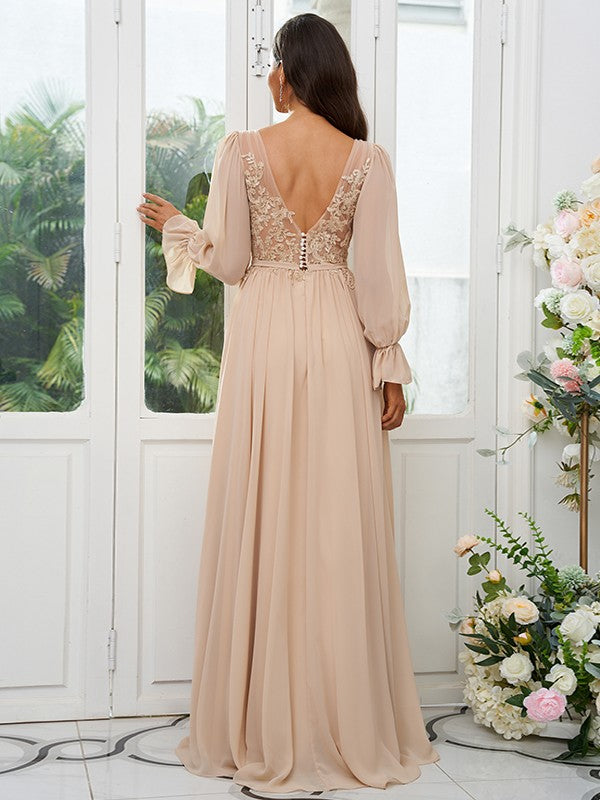 A-Line/Princess Chiffon Lace V-neck Long Sleeves Sweep/Brush Train Bridesmaid Dresses