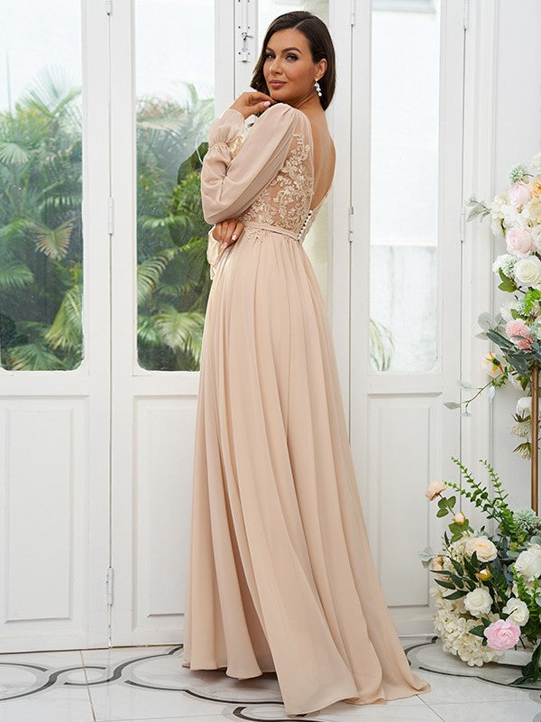 A-Line/Princess Chiffon Lace V-neck Long Sleeves Sweep/Brush Train Bridesmaid Dresses