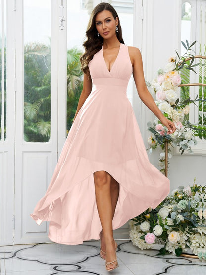 A-Line/Princess Chiffon Ruffles V-neck Sleeveless Asymmetrical Bridesmaid Dresses