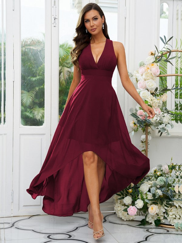 A-Line/Princess Chiffon Ruffles V-neck Sleeveless Asymmetrical Bridesmaid Dresses