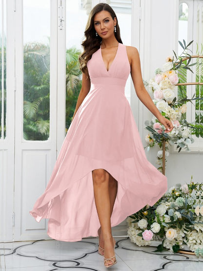 A-Line/Princess Chiffon Ruffles V-neck Sleeveless Asymmetrical Bridesmaid Dresses