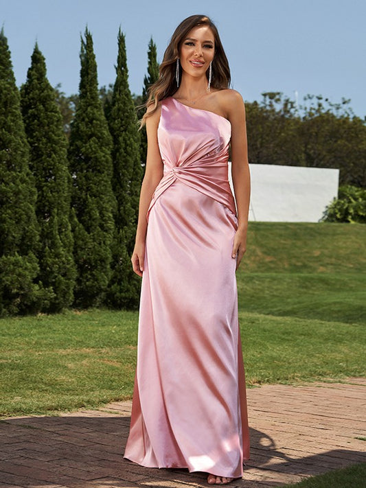 Sheath/Column Elastic Woven Satin Ruched One-Shoulder Sleeveless Floor-Length Bridesmaid Dresses