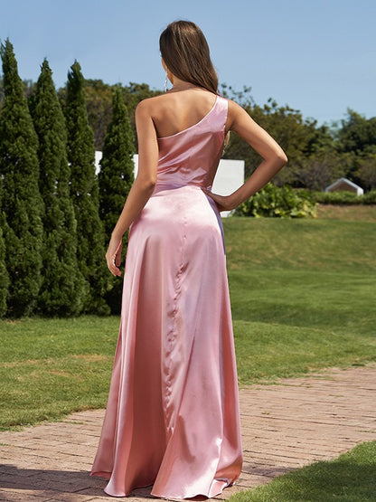 Sheath/Column Elastic Woven Satin Ruched One-Shoulder Sleeveless Floor-Length Bridesmaid Dresses