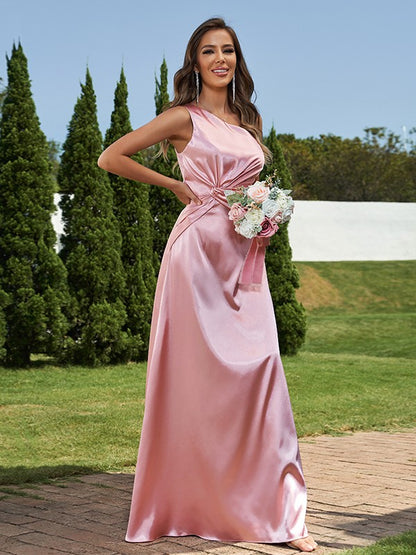 Sheath/Column Elastic Woven Satin Ruched One-Shoulder Sleeveless Floor-Length Bridesmaid Dresses