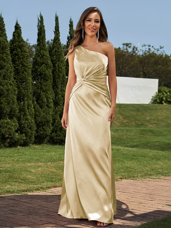 Sheath/Column Elastic Woven Satin Ruched One-Shoulder Sleeveless Floor-Length Bridesmaid Dresses