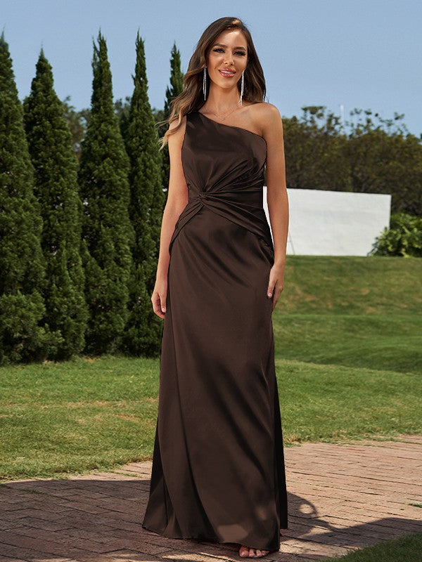 Sheath/Column Elastic Woven Satin Ruched One-Shoulder Sleeveless Floor-Length Bridesmaid Dresses