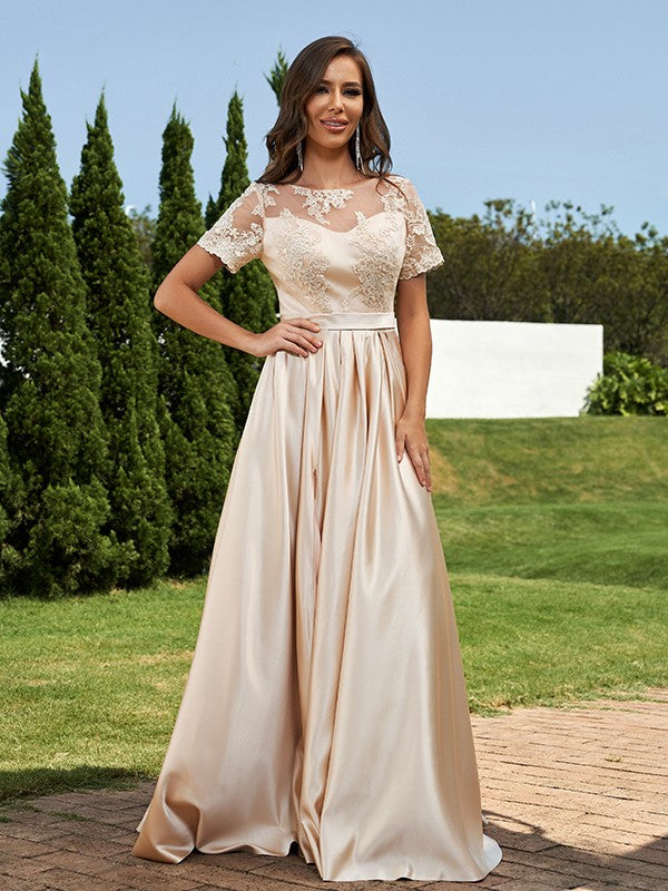 A-Line/Princess Satin Applique Scoop Short Sleeves Floor-Length Bridesmaid Dresses